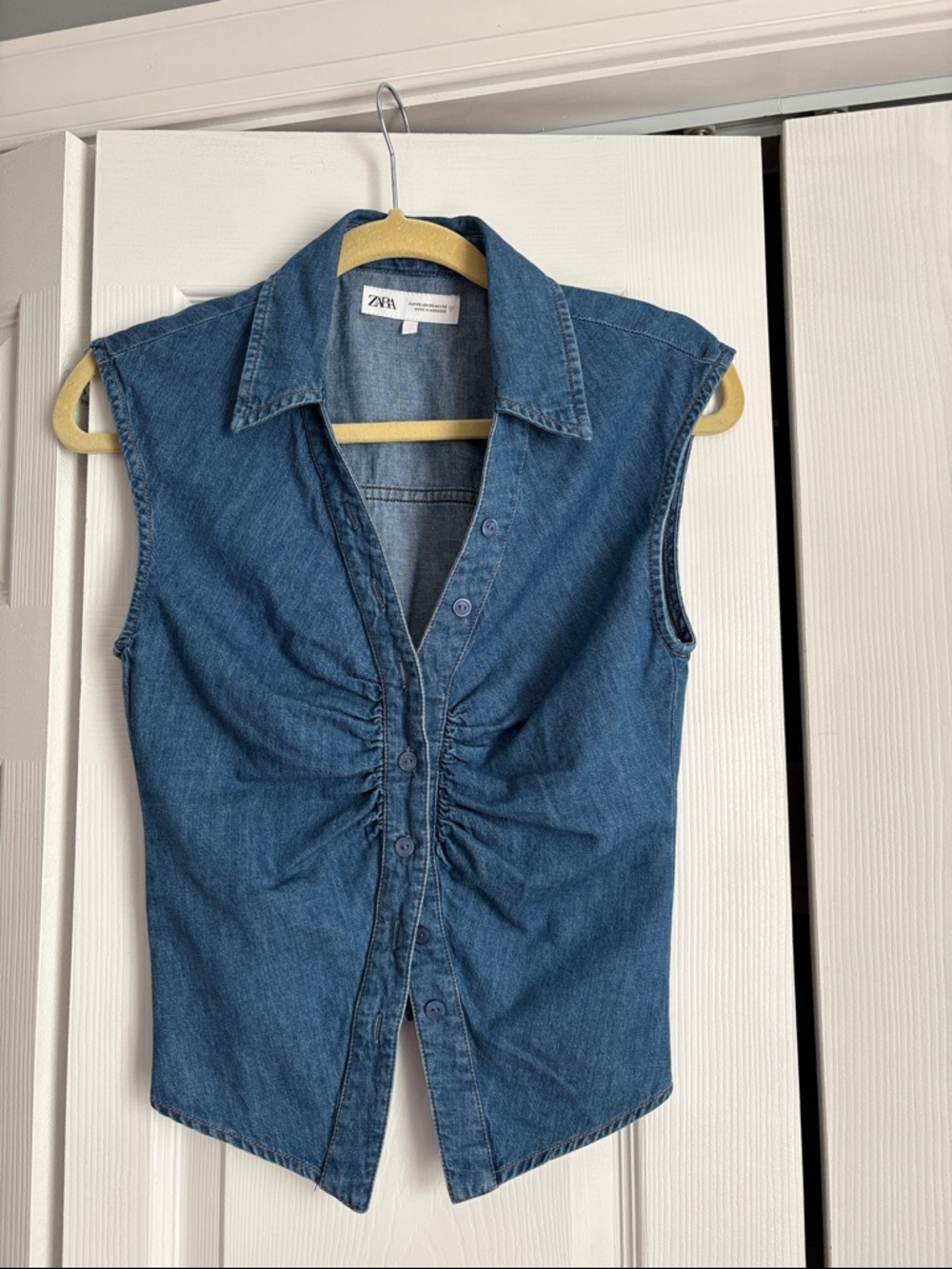 Zara Denim Sleeveless Button-Front Top in Blue